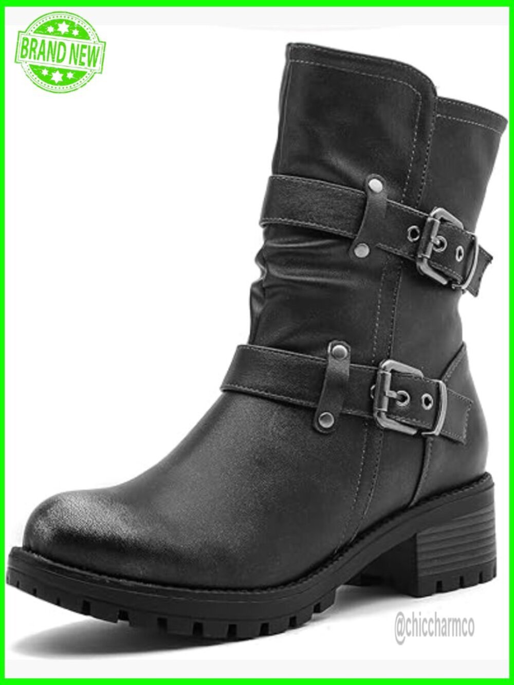Women's Motorcycle Ankle Boots with Block Heel and Zip Closure